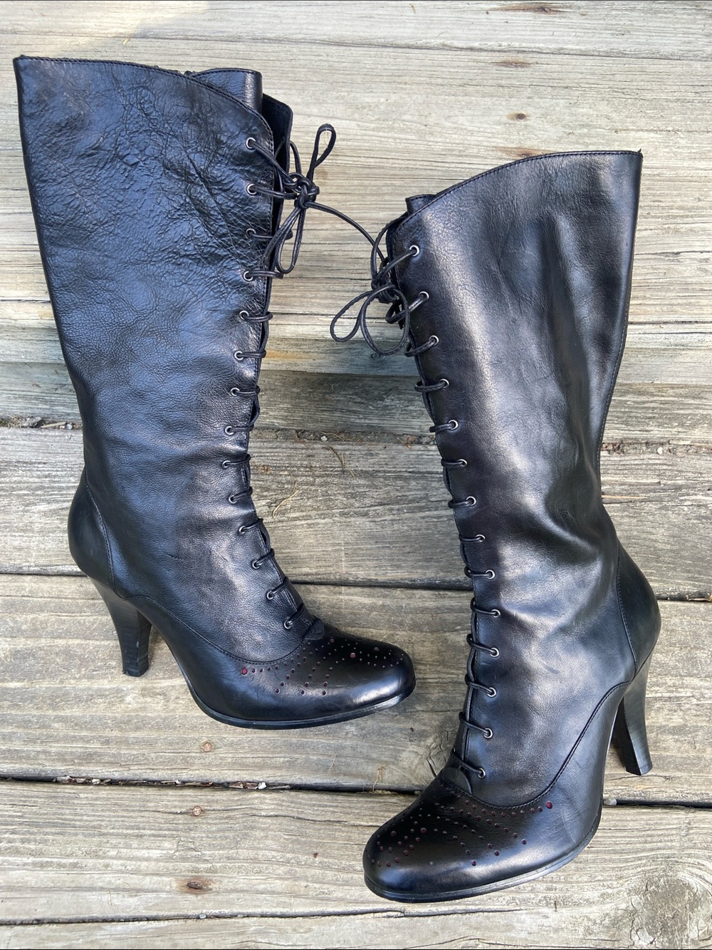 Daniblack Black Leather Lace-up Victorian Style Boots Women's Size 7.5